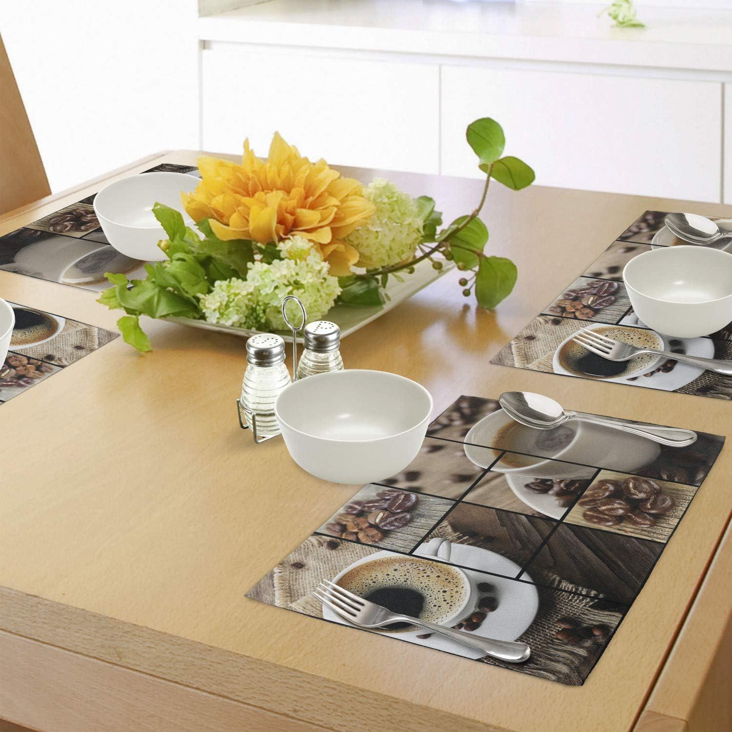 imageAmbesonne Brown Place Mats Set of 4 Coffee Themed Collage Close up Mugs Beans on Wooden Table Aromatic Roasted Espresso Drink Washable Fabric Placemats for Dining Table Standard Size Brown Coffee