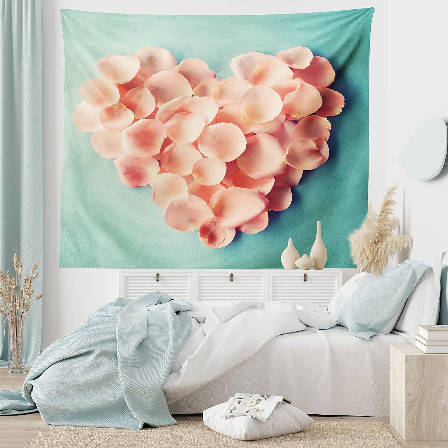 imageAmbesonne Coral Tapestry Heart Shaped Floral Petals Valentines Mothers and Wedding Day Still Life Wide Wall Hanging for Bedroom Living Room Dorm 60 X 40 Peach MintSilky Satin Fabric