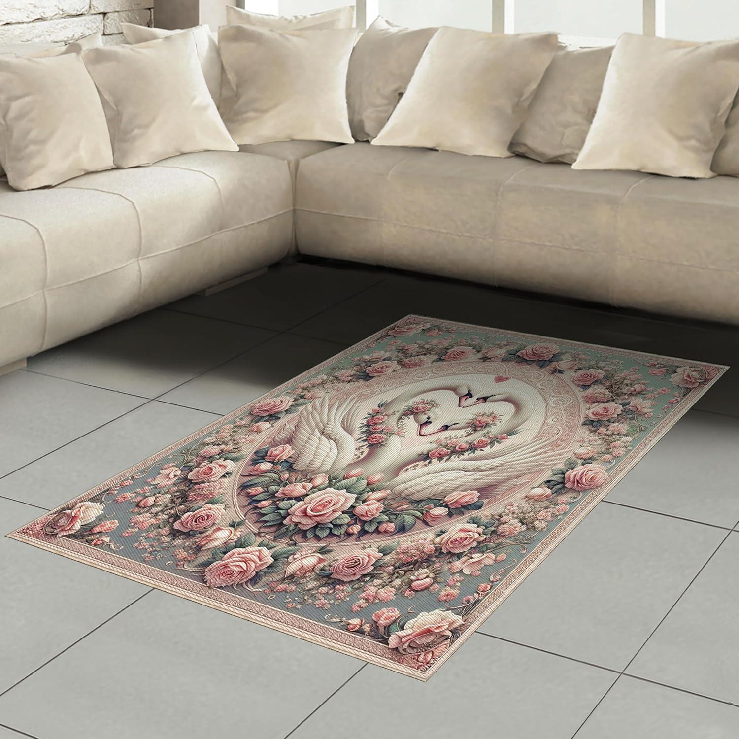 imageAmbesonne Floral Heart Area Rug Tenderness of Romantic Garden Ivy Branches and Roses Valentines Day Flat Woven Accent Rug for Living Room Bedroom Dining Room 2 6 x 5 Laurel Green and PinkPale Pink Pale Cadet Blue