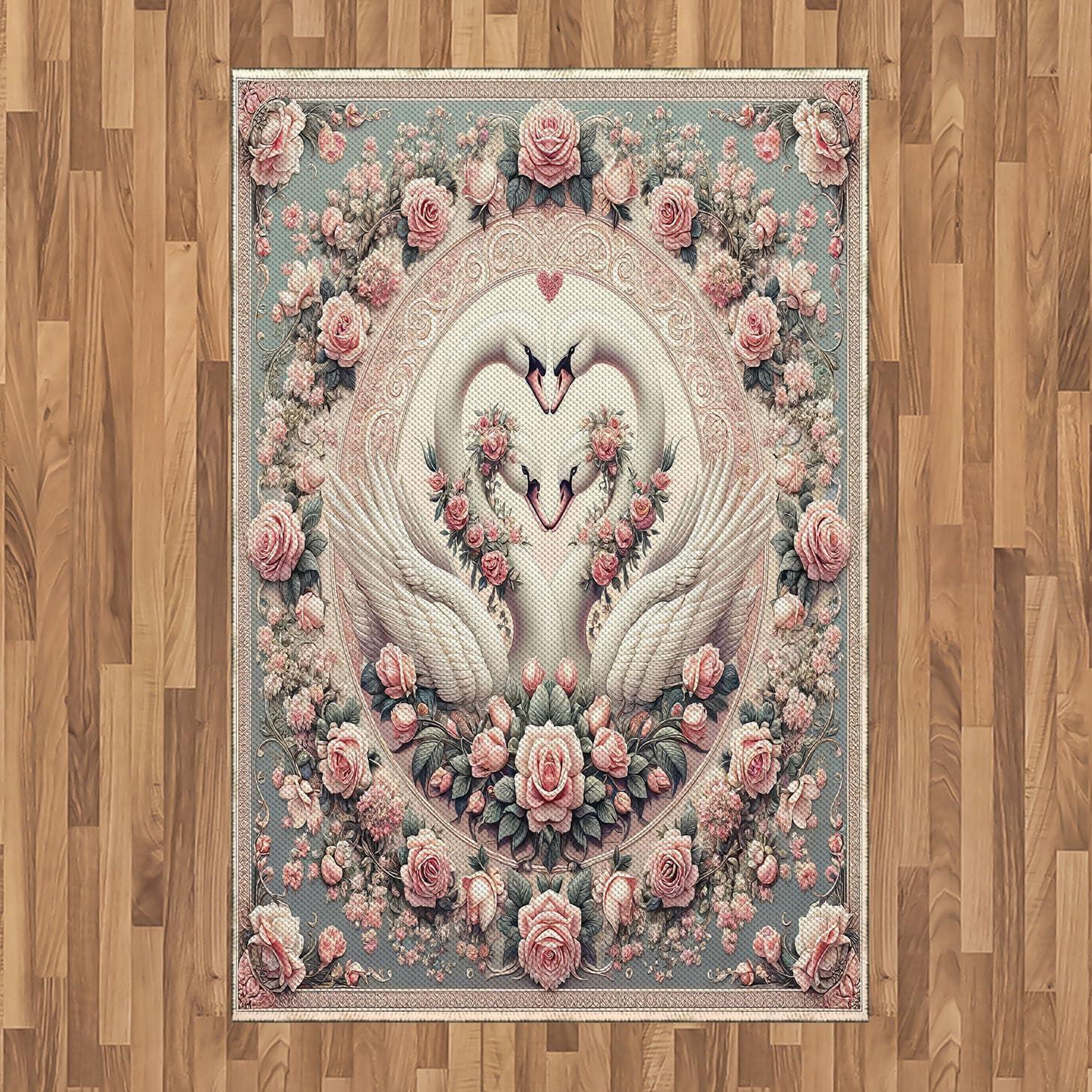 imageAmbesonne Floral Heart Area Rug Tenderness of Romantic Garden Ivy Branches and Roses Valentines Day Flat Woven Accent Rug for Living Room Bedroom Dining Room 2 6 x 5 Laurel Green and PinkPale Pink Pale Cadet Blue