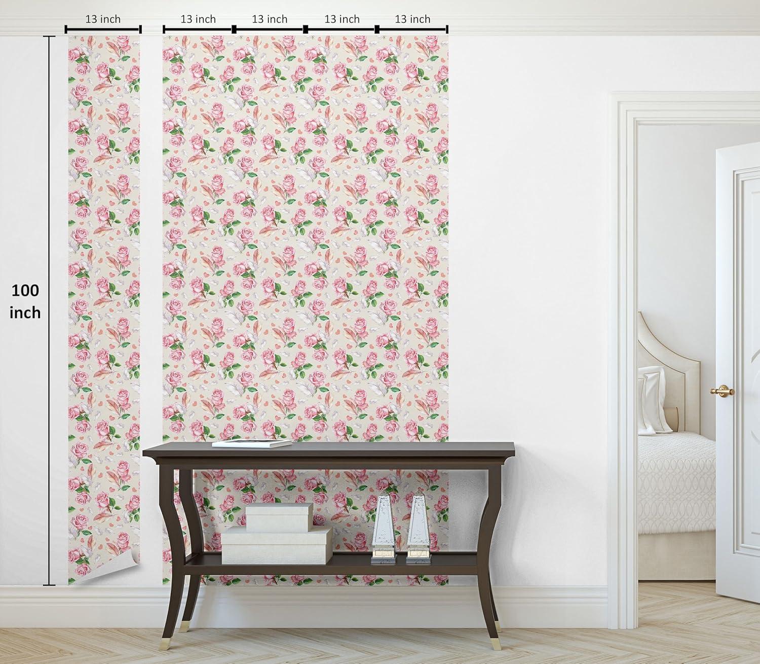 imageAmbesonne Floral Peel amp Stick Wallpaper for Home Romantic Concept Art Featuring Rose Flowers Hearts Leaves Valentine SelfAdhesive Living Room Kitchen Accent 13 x 100 Pastel Pink and Fern Green