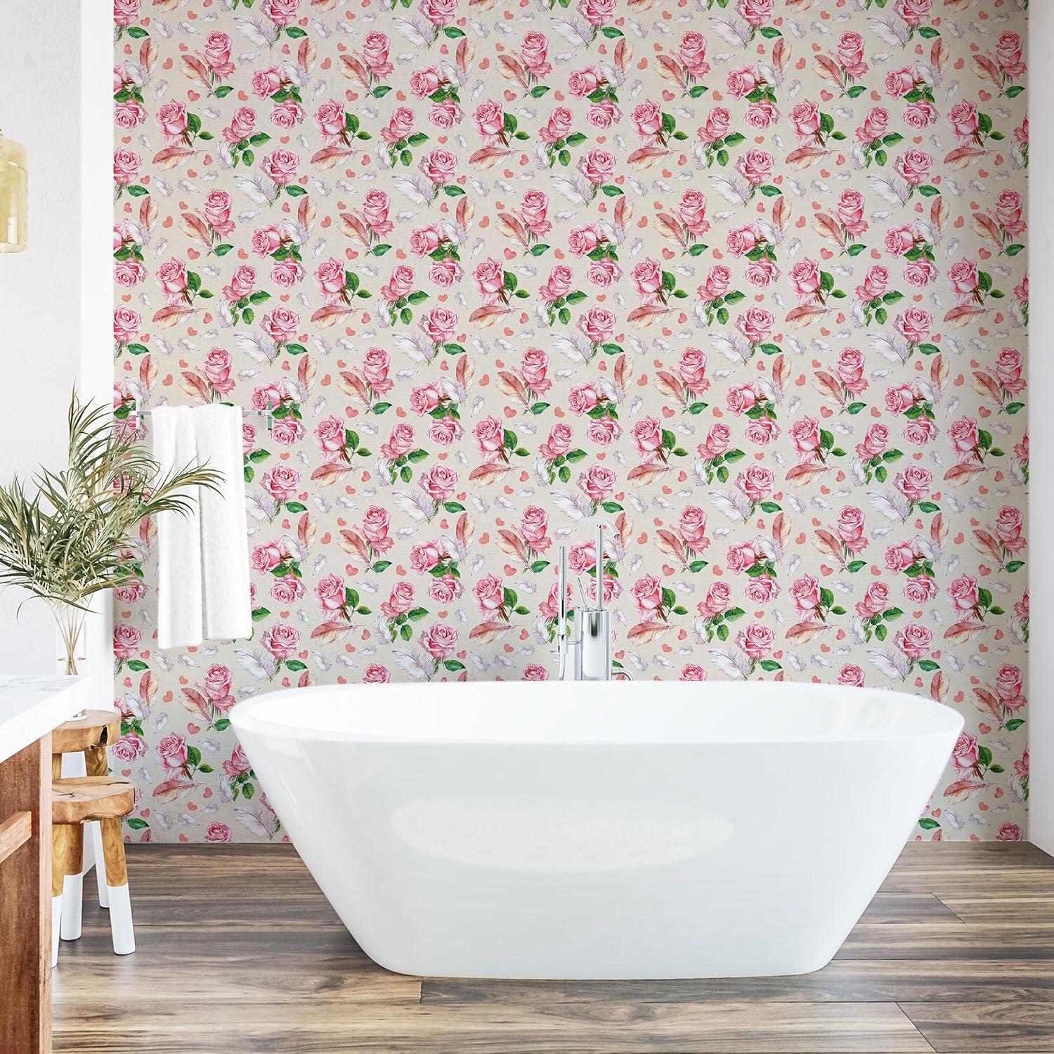 imageAmbesonne Floral Peel amp Stick Wallpaper for Home Romantic Concept Art Featuring Rose Flowers Hearts Leaves Valentine SelfAdhesive Living Room Kitchen Accent 13 x 100 Pastel Pink and Fern Green