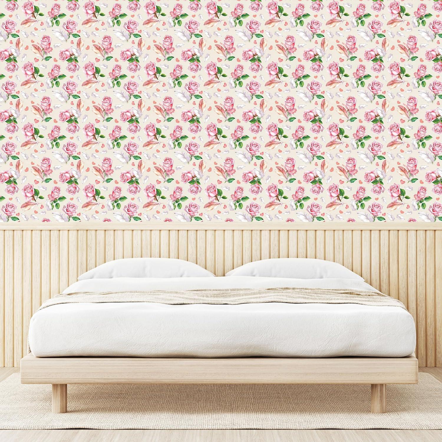 imageAmbesonne Floral Peel amp Stick Wallpaper for Home Romantic Concept Art Featuring Rose Flowers Hearts Leaves Valentine SelfAdhesive Living Room Kitchen Accent 13 x 100 Pastel Pink and Fern Green