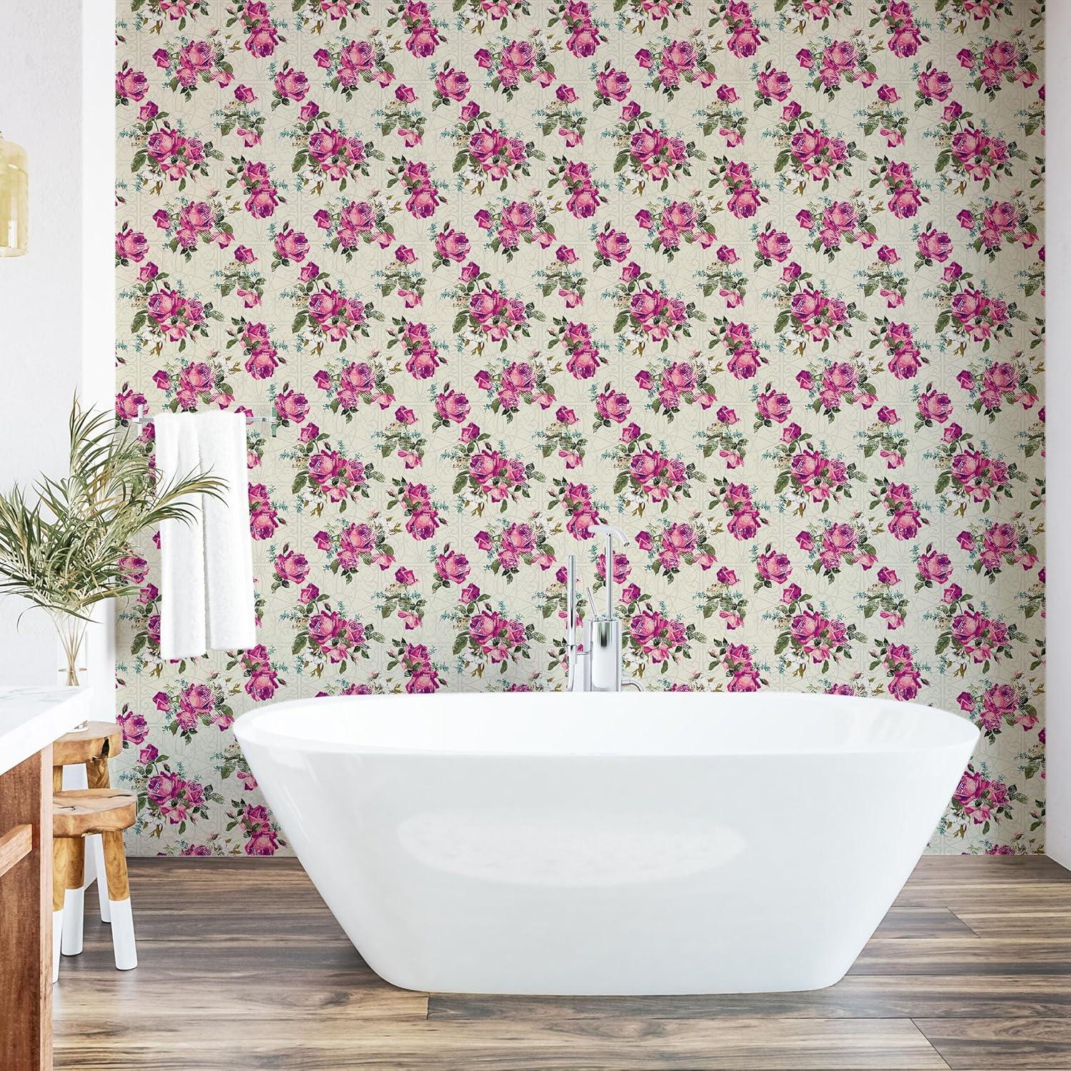 imageAmbesonne Floral Peel amp Stick Wallpaper for Home Valentines Day Theme Grunge Style Repetitive Rose Flowers Abstract SelfAdhesive Living Room Kitchen Accent 13 x 72 Pale Fuchsia and Sepia