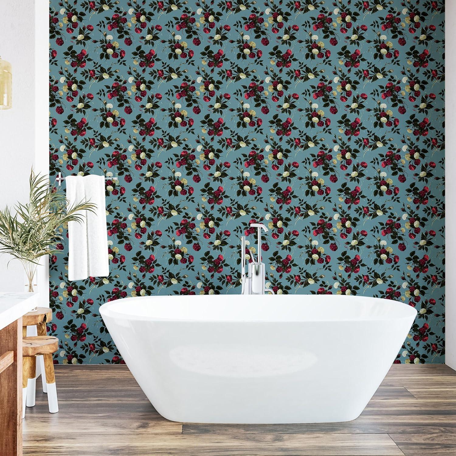imageAmbesonne Floral Peel amp Stick Wallpaper for Home Valentines Day Theme Vintage Style Romantic Roses Pattern Plot SelfAdhesive Living Room Kitchen Accent 13 x 36 Dark Fuchsia and Slate Blue