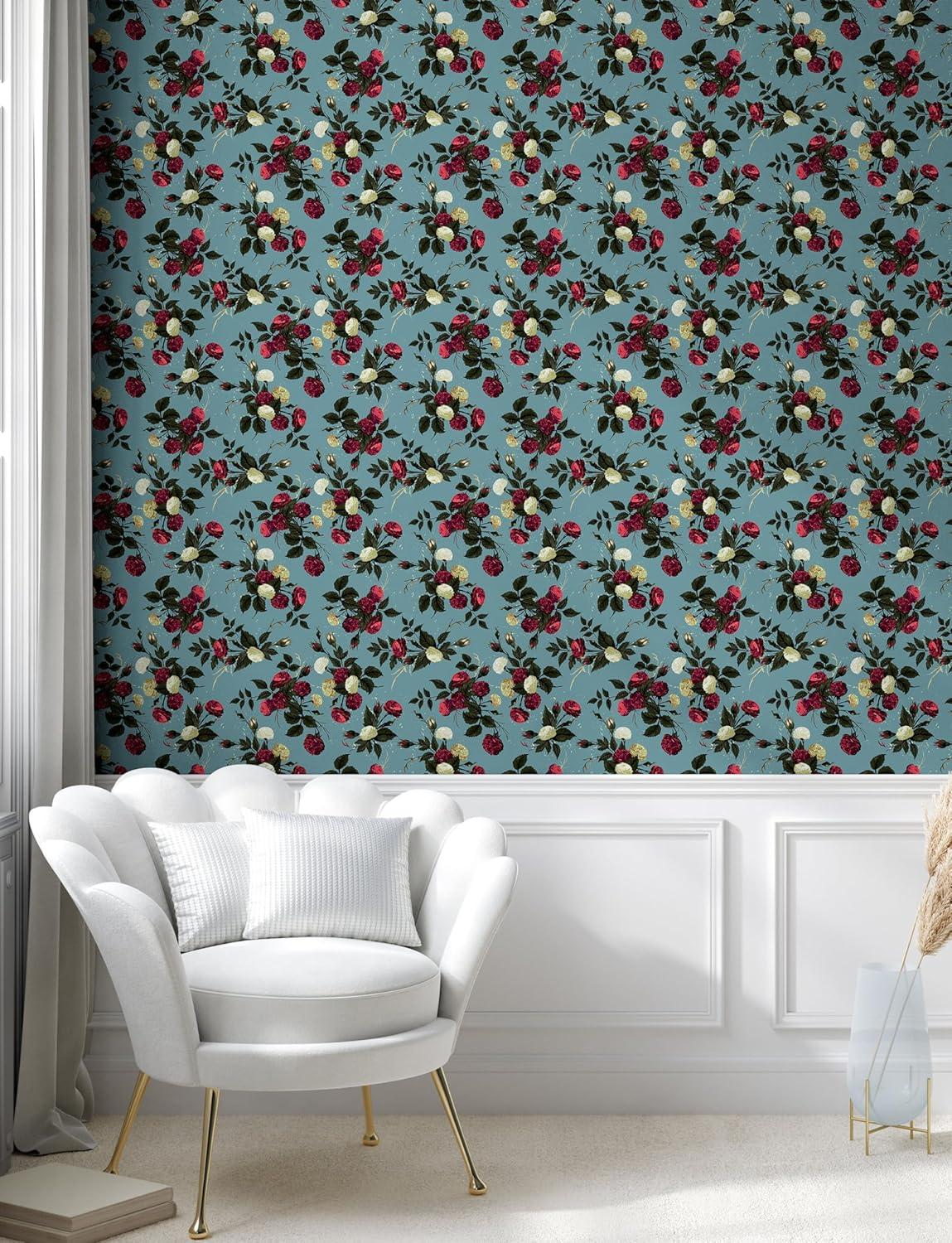 imageAmbesonne Floral Peel amp Stick Wallpaper for Home Valentines Day Theme Vintage Style Romantic Roses Pattern Plot SelfAdhesive Living Room Kitchen Accent 13 x 36 Dark Fuchsia and Slate Blue