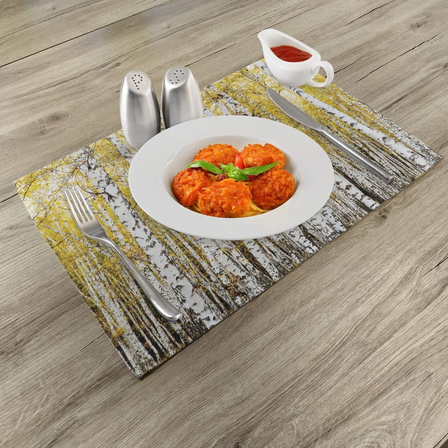 imageAmbesonne Forest Place Mats Set of 4 Autumn Birch Forest Golden Yellow Leaves Woodland October Seasonal Nature Picture Washable Fabric Placemats for Dining Table Standard Size Yellow and Grey