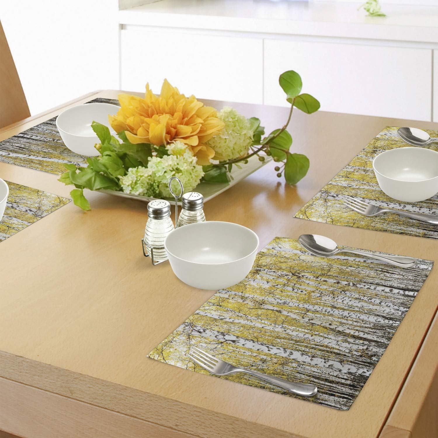 imageAmbesonne Forest Place Mats Set of 4 Autumn Birch Forest Golden Yellow Leaves Woodland October Seasonal Nature Picture Washable Fabric Placemats for Dining Table Standard Size Yellow and Grey