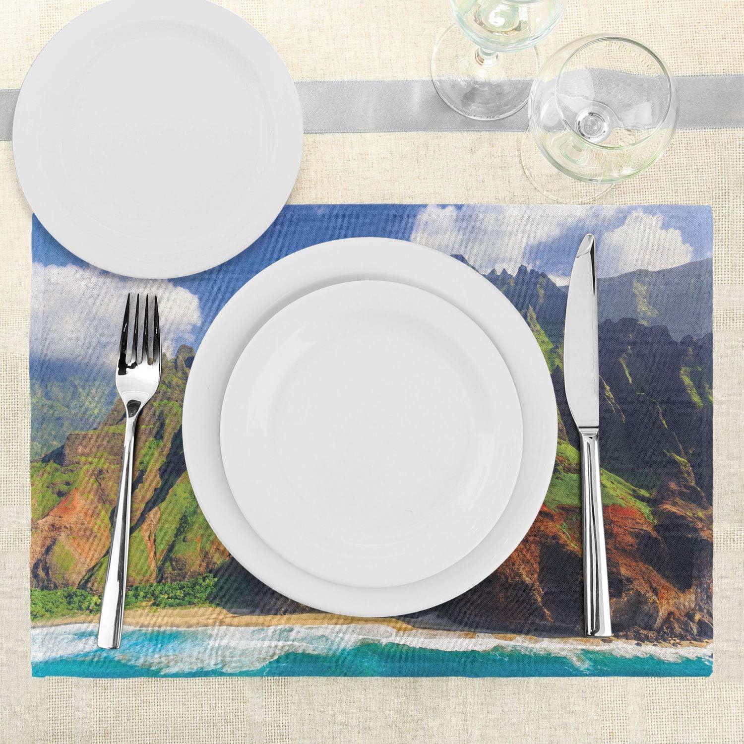 imageAmbesonne Hawaiian Place Mats Set of 4 Aerial View of Na Pali Coast Kauai Hawaii Mountain Cliff Seacoast Scenic Photo Washable Fabric Placemats for Dining Table Standard Size Brown Green