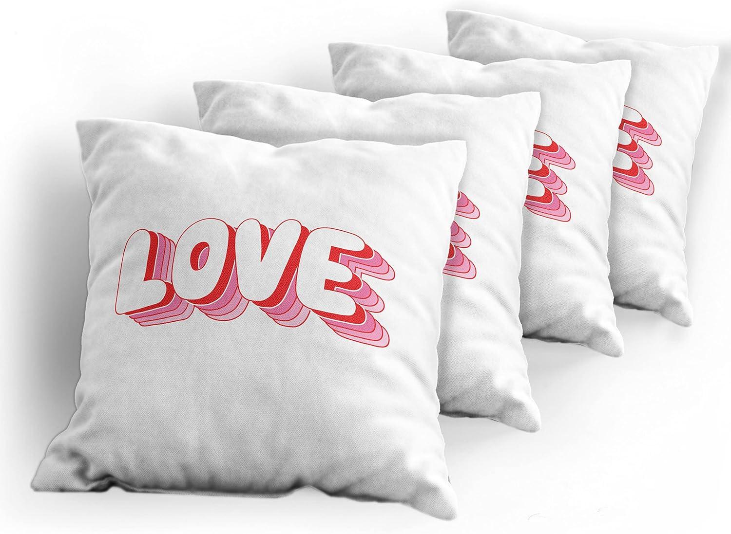 imageAmbesonne Love Decorative Throw Pillow Case Pack of 4 Rounded Style Words with Hippie Retro Effect Romance Valentines Day 70s 80s Cushion Cover for Couch Living Room Car 24 Vermilion Pink White
