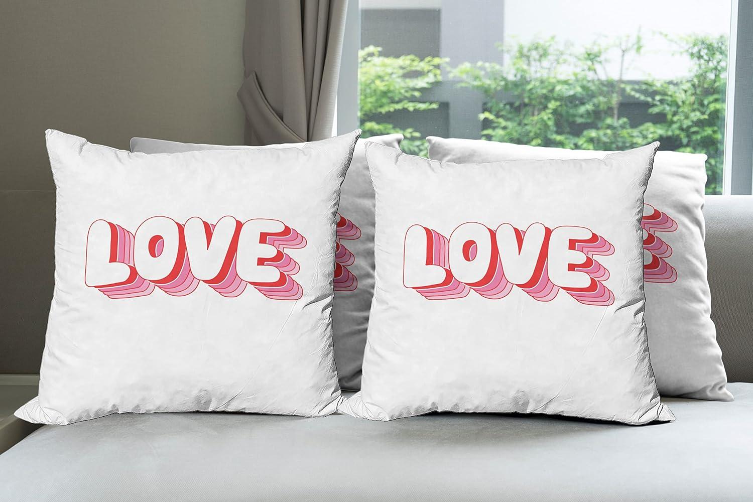 imageAmbesonne Love Decorative Throw Pillow Case Pack of 4 Rounded Style Words with Hippie Retro Effect Romance Valentines Day 70s 80s Cushion Cover for Couch Living Room Car 24 Vermilion Pink White