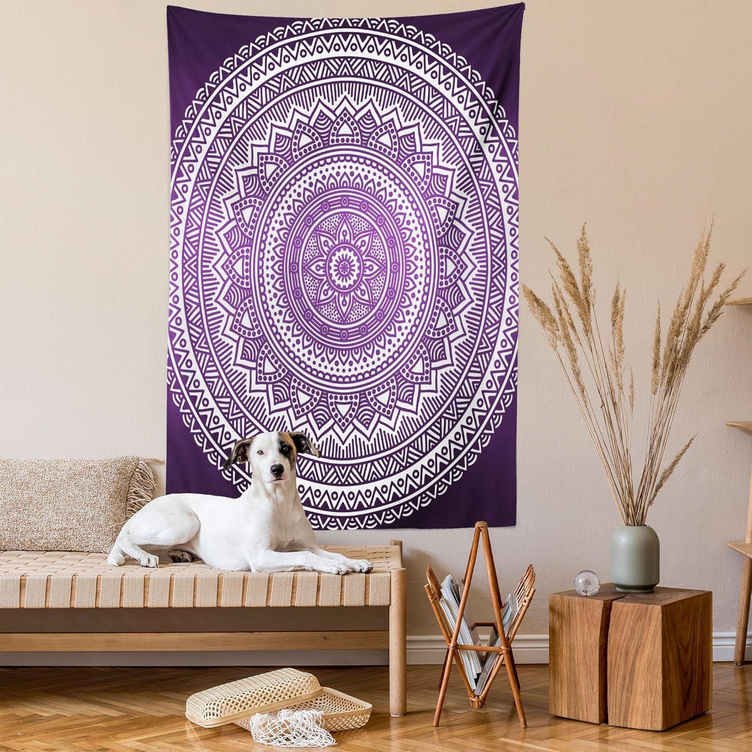 imageAmbesonne Purple Tapestry Ombre Mandala Art Print Vibrant Floral Pattern Boho Hippie Inspired Design Wall Hanging for Bedroom Living Room Dorm Decor 60 X 80 Purple White