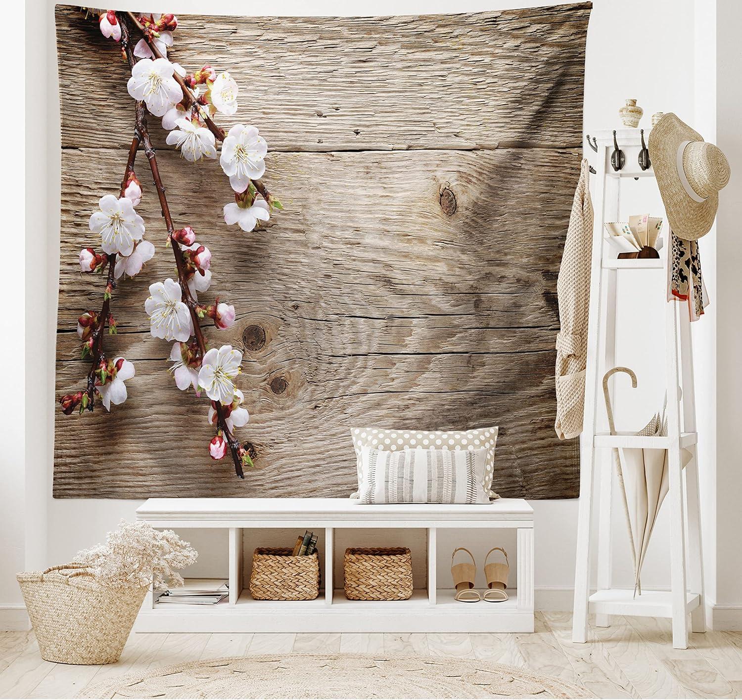 imageAmbesonne Rustic Tapestry Romantic Springtime Cherry Blossom Branch Over an Old Table Love Valentines Day Wide Wall Hanging for Bedroom Living Room Dorm 80 X 60 Brown WhiteSilky Satin Fabric