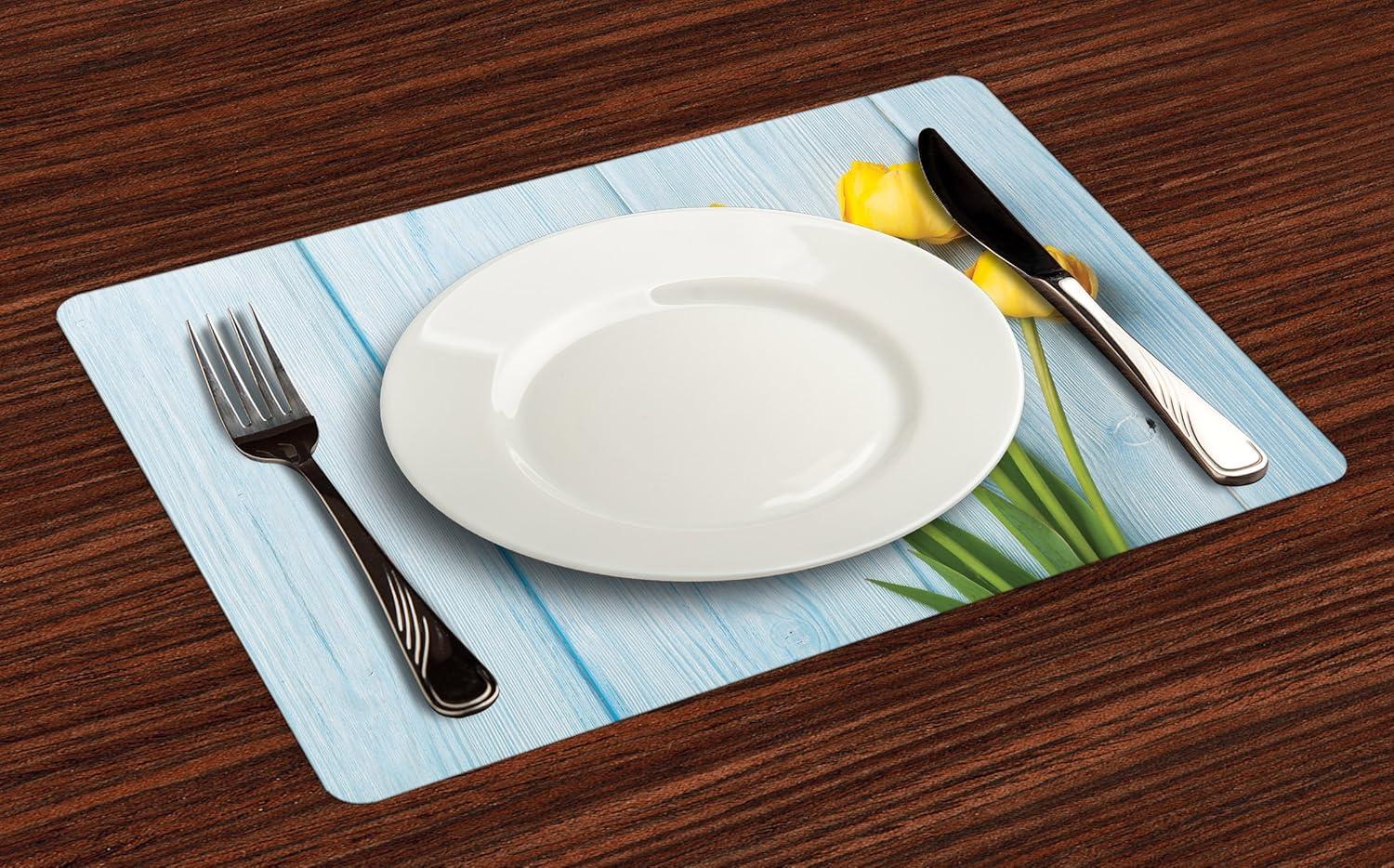 imageAmbesonne Tulip Place Mats Set of 4 Yellow Flowers on Old Wooden Rustic Background Valentines Romantic Theme Washable Fabric Placemats for Dining Table Standard Size Blue Yellow