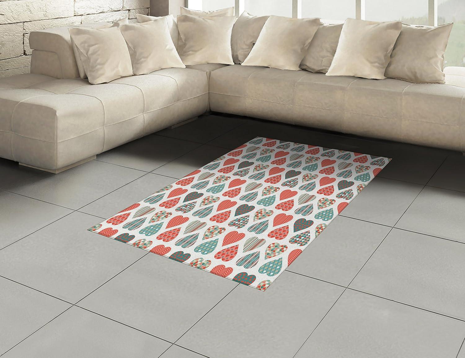 imageAmbesonne Valentines Area Rug Retro Style up and Down Hearts with Stripes Waves and Checkered Patterns Flat Woven Accent Rug for Living Room Bedroom Dining Room 4 X 5 7 Teal Coral White