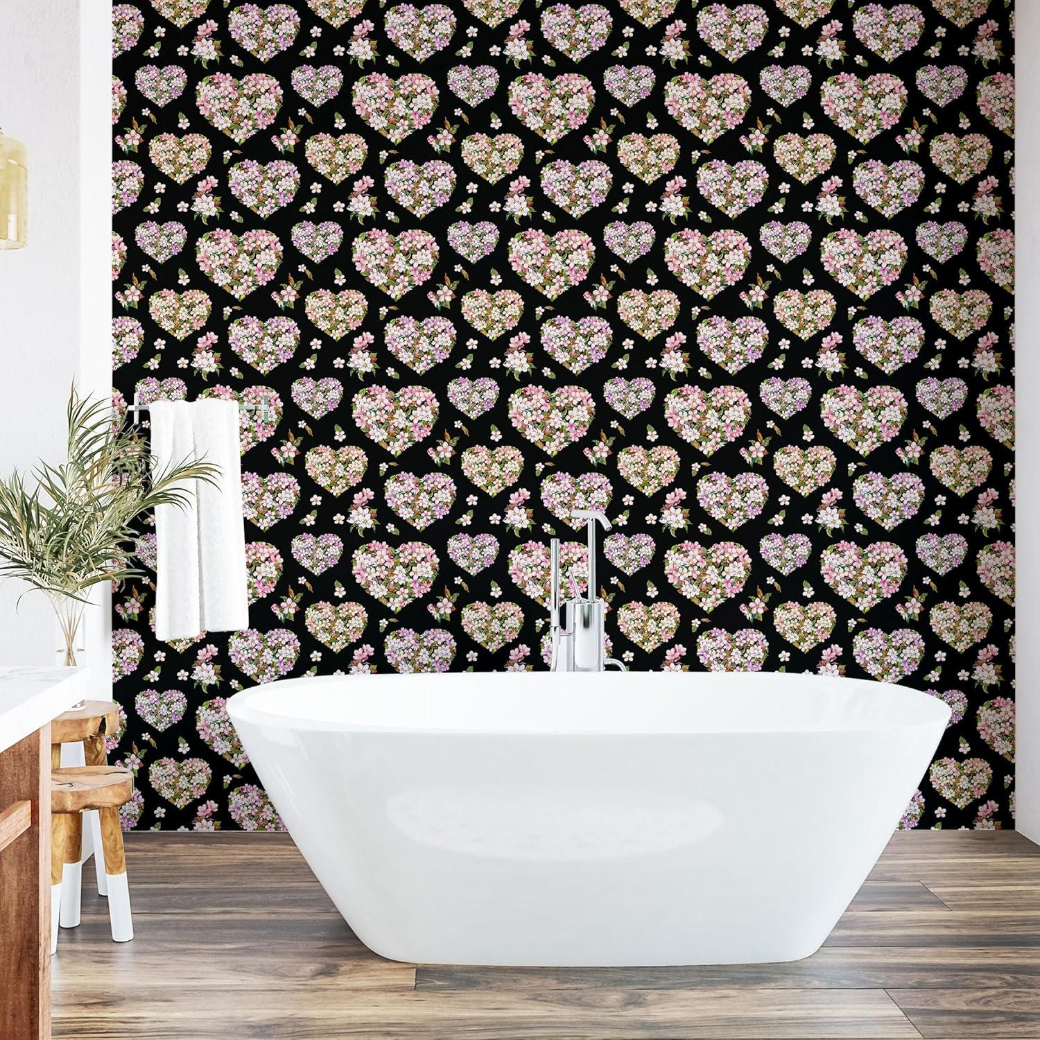 imageAmbesonne Valentines Day Peel amp Stick Wallpaper for Home Sakura Flowers Pattern Repetitive Heart Shapes Romantic Art SelfAdhesive Living Room Kitchen Accent 13 x 100 Sage Green and Soft Pink