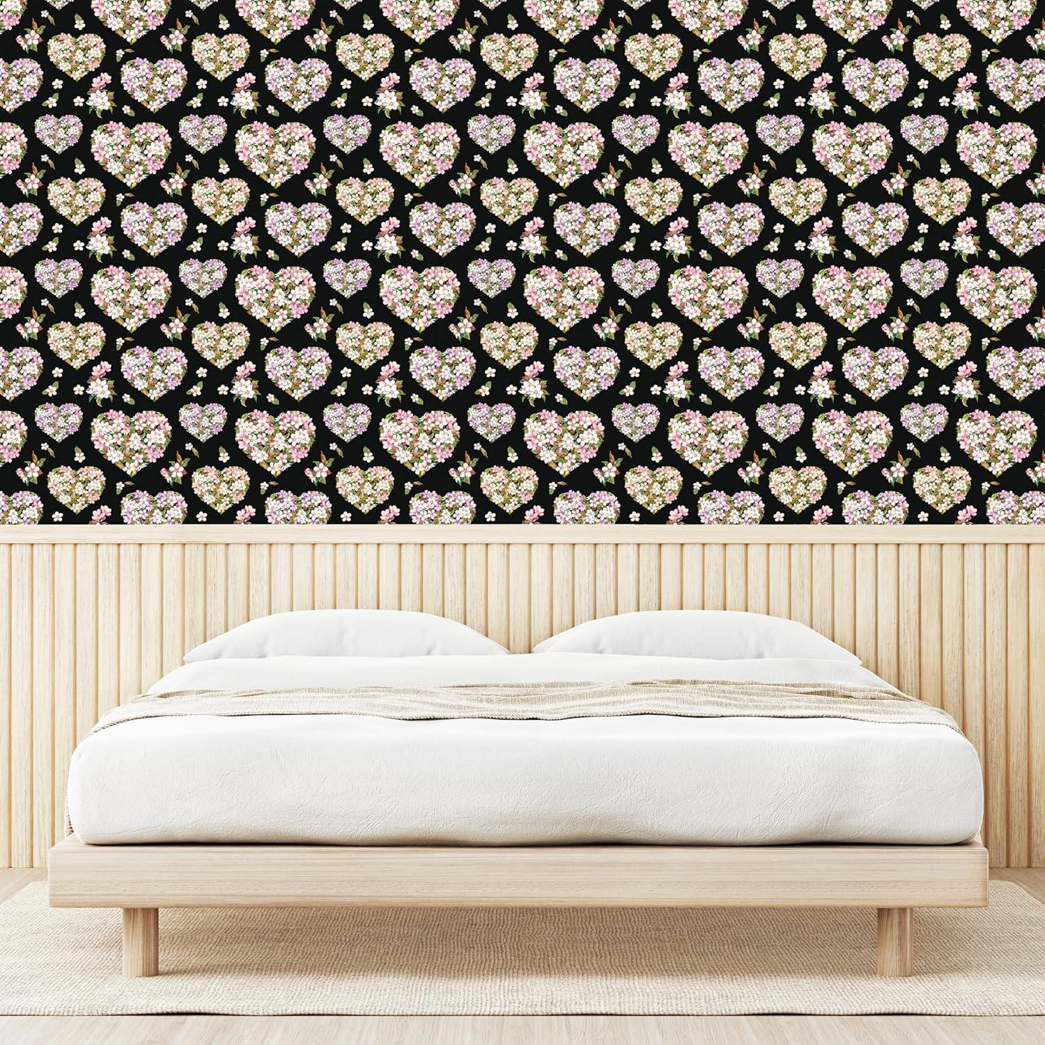 imageAmbesonne Valentines Day Peel amp Stick Wallpaper for Home Sakura Flowers Pattern Repetitive Heart Shapes Romantic Art SelfAdhesive Living Room Kitchen Accent 13 x 100 Sage Green and Soft Pink