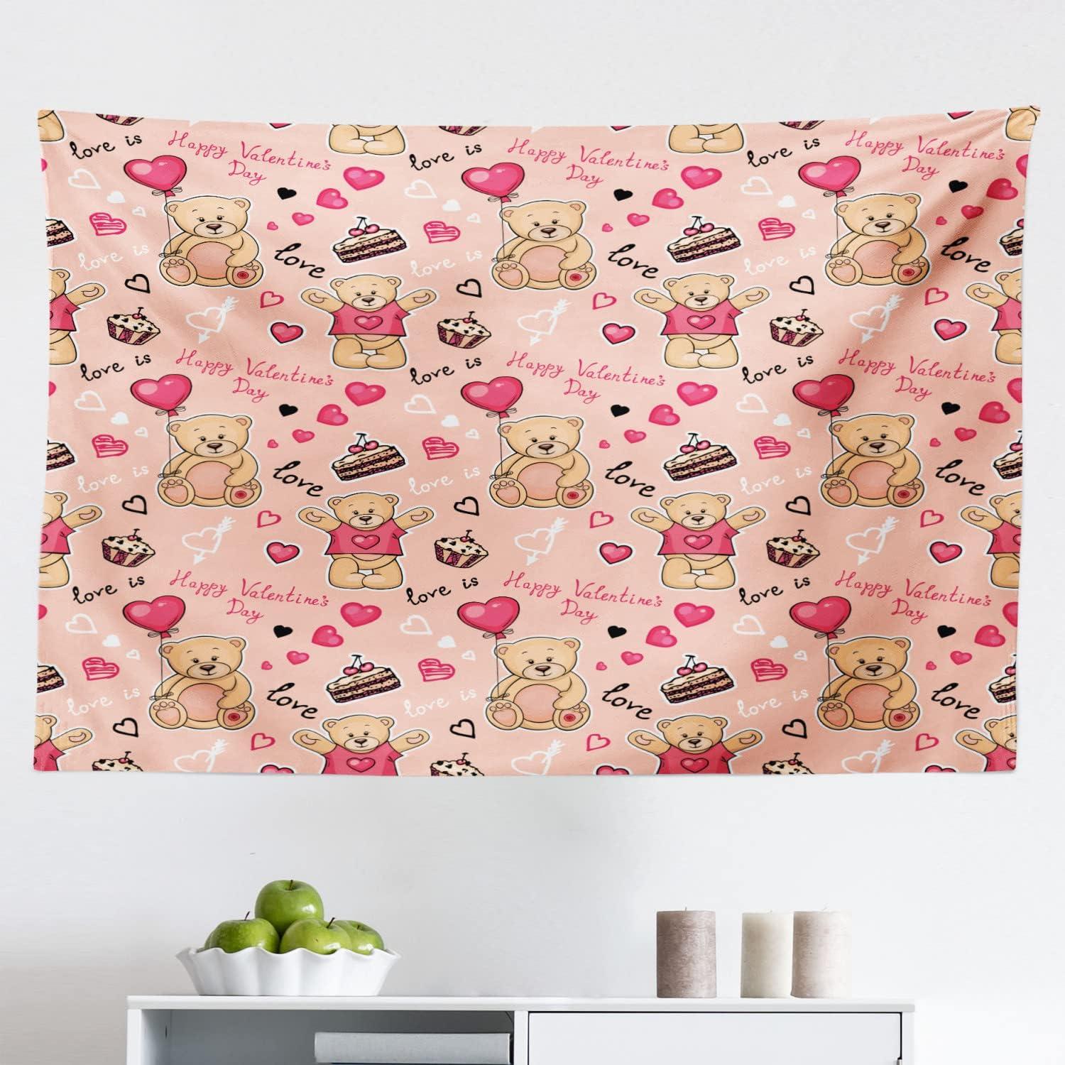 imageAmbesonne Valentines Tapestry Teddy Bears Celebrating Your Happy Valentines Day Cakes Balloons Fabric Wall Hanging Decor for Bedroom Living Room Dorm 28 X 23 Coral Brown PeachCoral Brown Peach