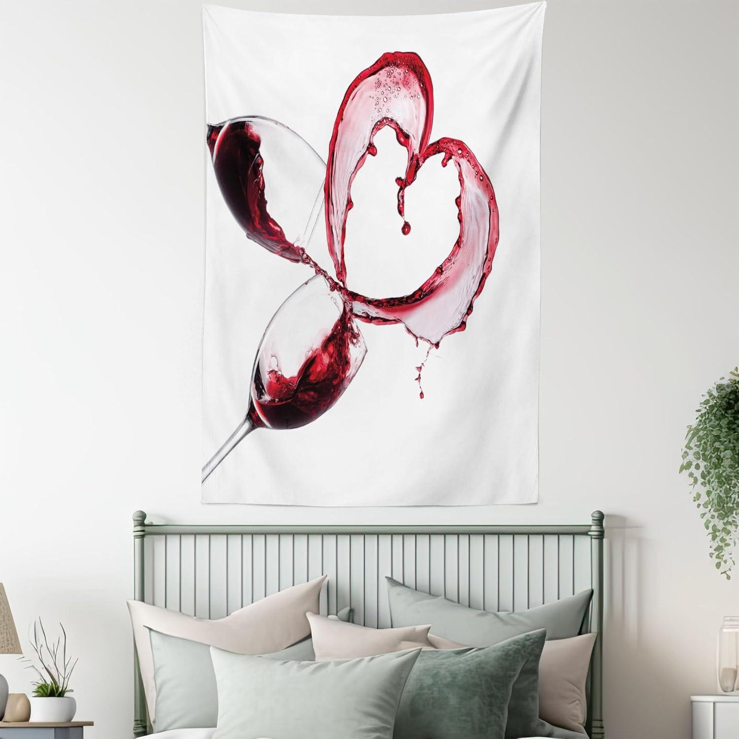 imageAmbesonne Wine Tapestry Heart Shape Spilling Red Drink in Glasses Romantic Valentines Day Concept Fabric Wall Hanging Decor for Bedroom Living Room Dorm 30 X 45 Burgundy White Pink