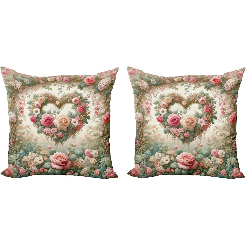 imageAmbesonne Floral Heart Decorative Throw Pillow Case Pack of 2 Tenderness of Romantic Garden Ivy Branches and Roses Valentines Day Couch Bedroom Living Room Cushion Cover 16 Laurel Green and PinkLaurel Green and Pink