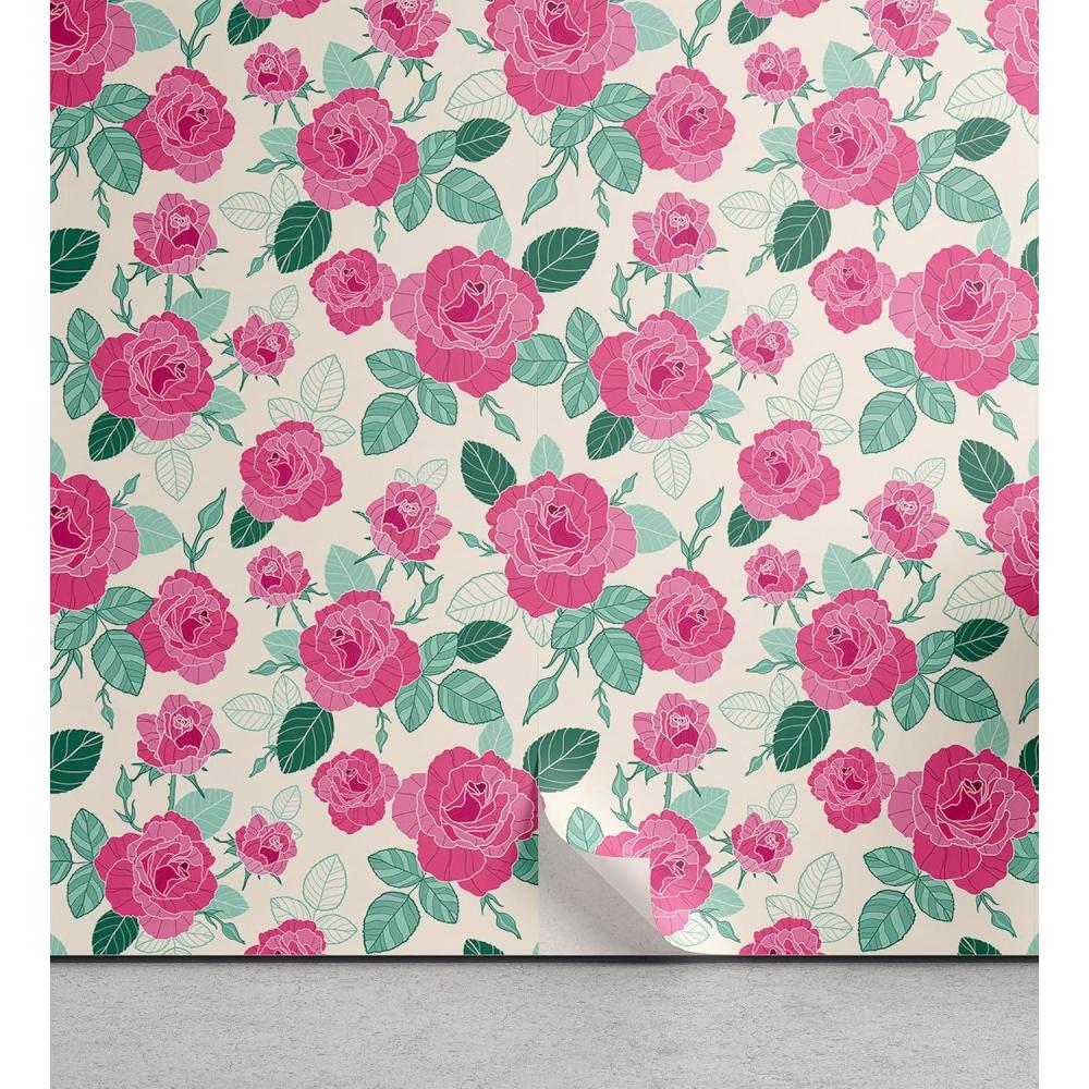 imageAmbesonne Floral Peel amp Stick Wallpaper for Home Rose Flowers and Leaves Pattern Vintage Valentine Romantic Ornament SelfAdhesive Living Room Kitchen Accent 13 x 36 Pastel Pink Hunter Green