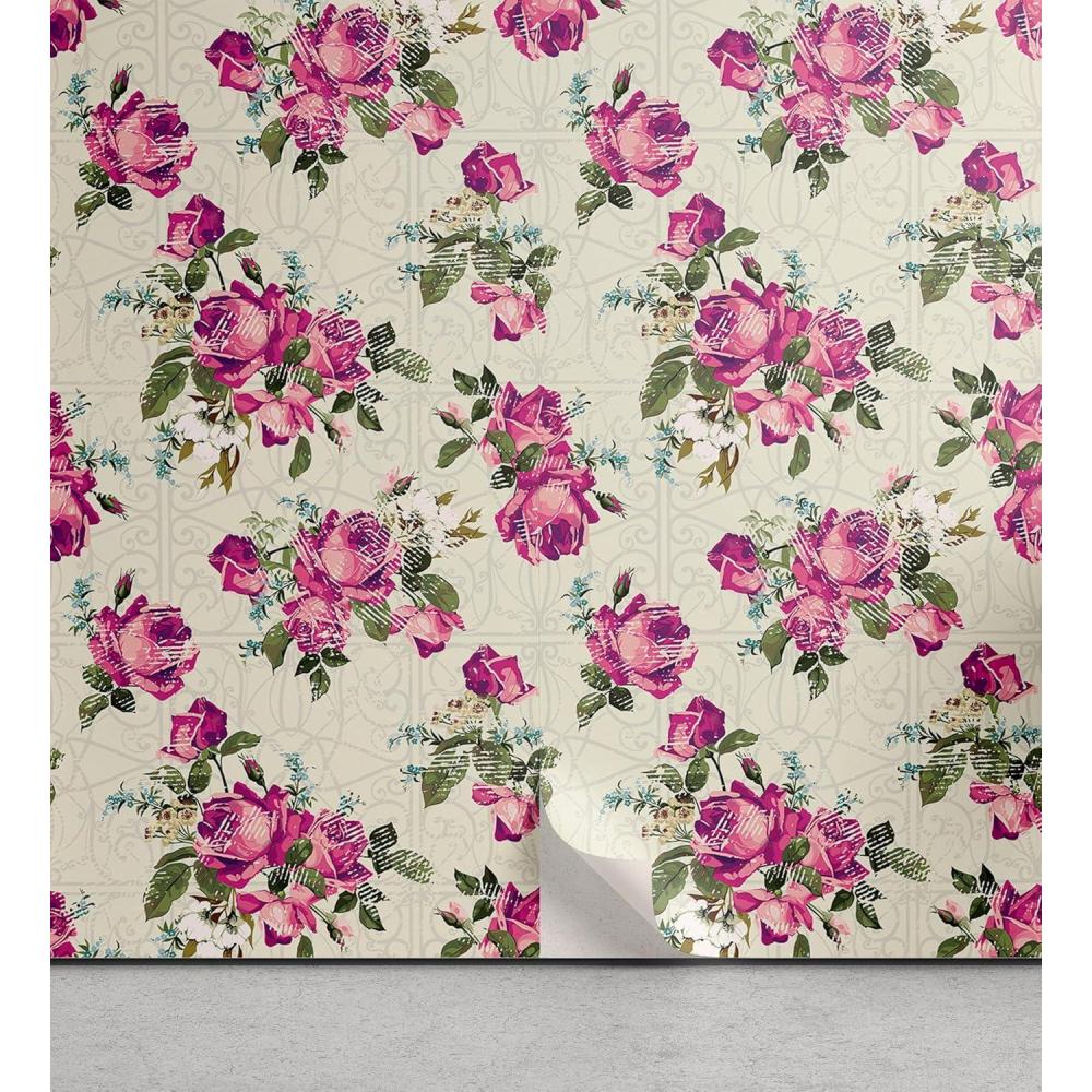 imageAmbesonne Floral Peel amp Stick Wallpaper for Home Valentines Day Theme Grunge Style Repetitive Rose Flowers Abstract SelfAdhesive Living Room Kitchen Accent 13 x 72 Pale Fuchsia and Sepia