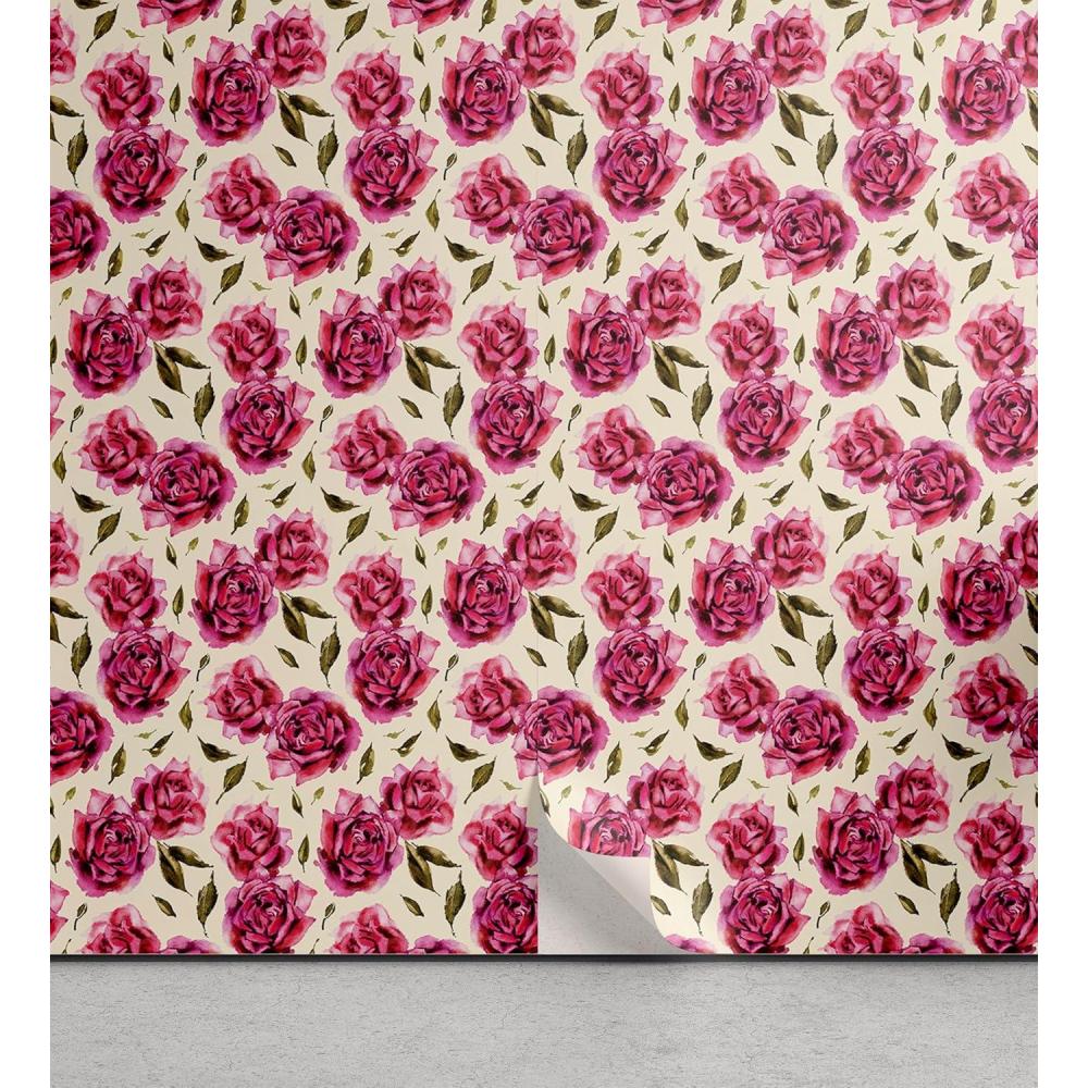 imageAmbesonne Floral Peel amp Stick Wallpaper for Home Watercolor Repeating Roses Valentines Day Theme Vintage Style Art SelfAdhesive Living Room Kitchen Accent 13 x 72 Dark Coral Fawn and Sepia