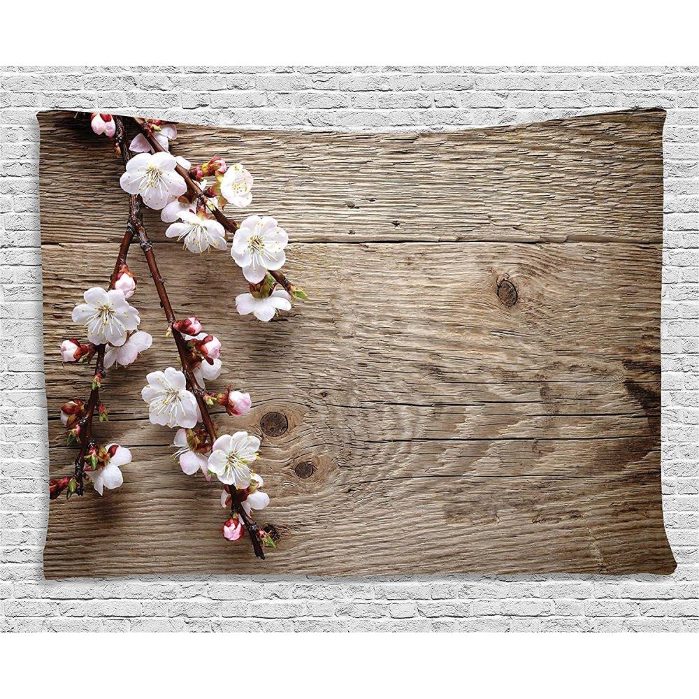 imageAmbesonne Rustic Tapestry Romantic Springtime Cherry Blossom Branch Over an Old Table Love Valentines Day Wide Wall Hanging for Bedroom Living Room Dorm 80 X 60 Brown WhiteSilky Satin Fabric