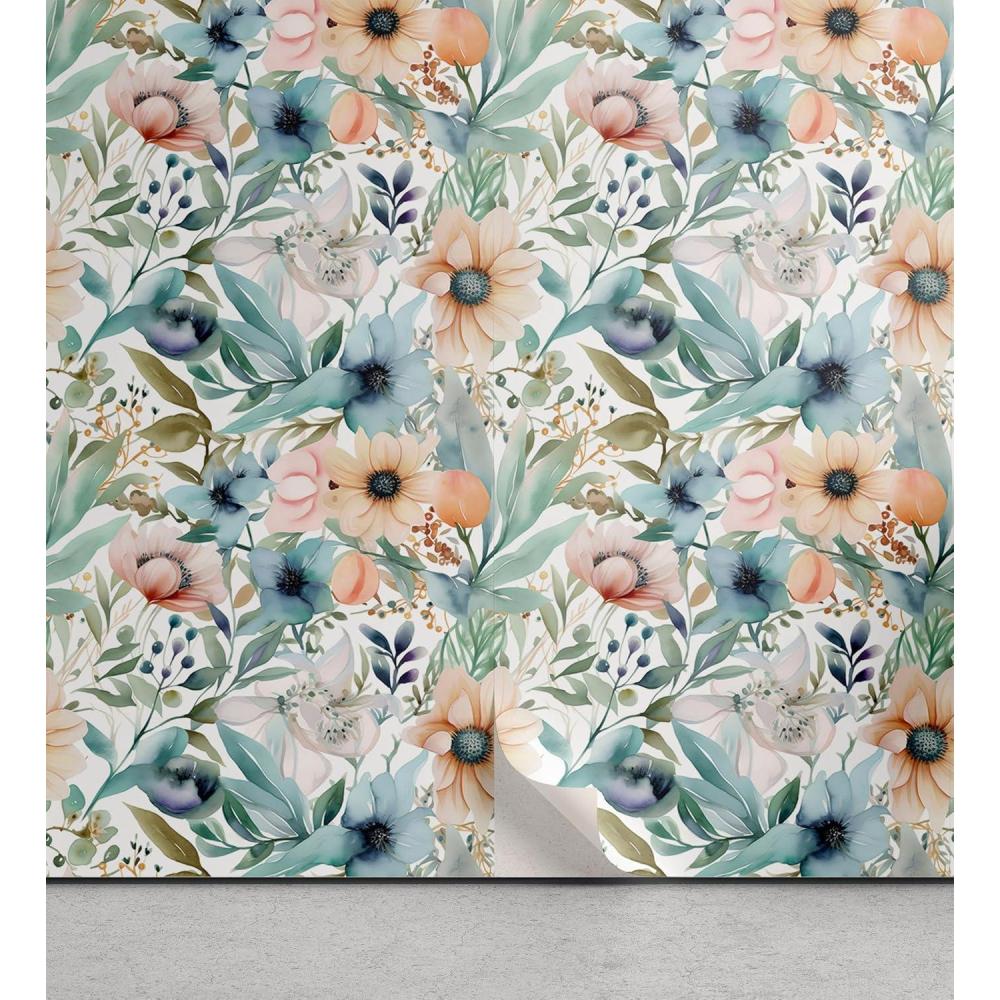 imageAmbesonne Spring Floral Peel amp Stick Wallpaper for Home Valentines Day Concept Romantic Garden Flowers with Leaves Greenery SelfAdhesive Living Room Kitchen Accent 13 x 36 Seafoam Peach White