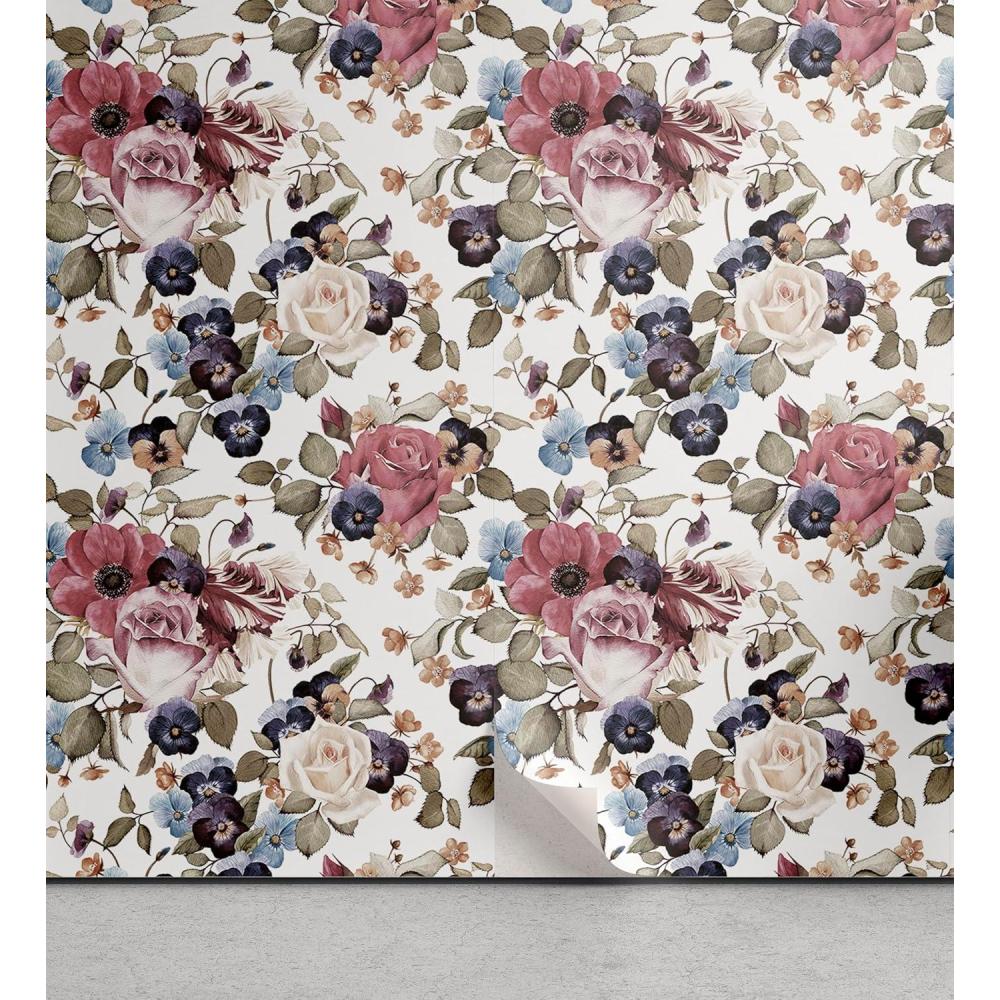 imageAmbesonne Valentine Peel amp Stick Wallpaper for Home Colorful Rose and Other Flowers Vintage Watercolor Art on Plain Back SelfAdhesive Living Room Kitchen Accent 13 x 36 Slate Brown Pale Ruby