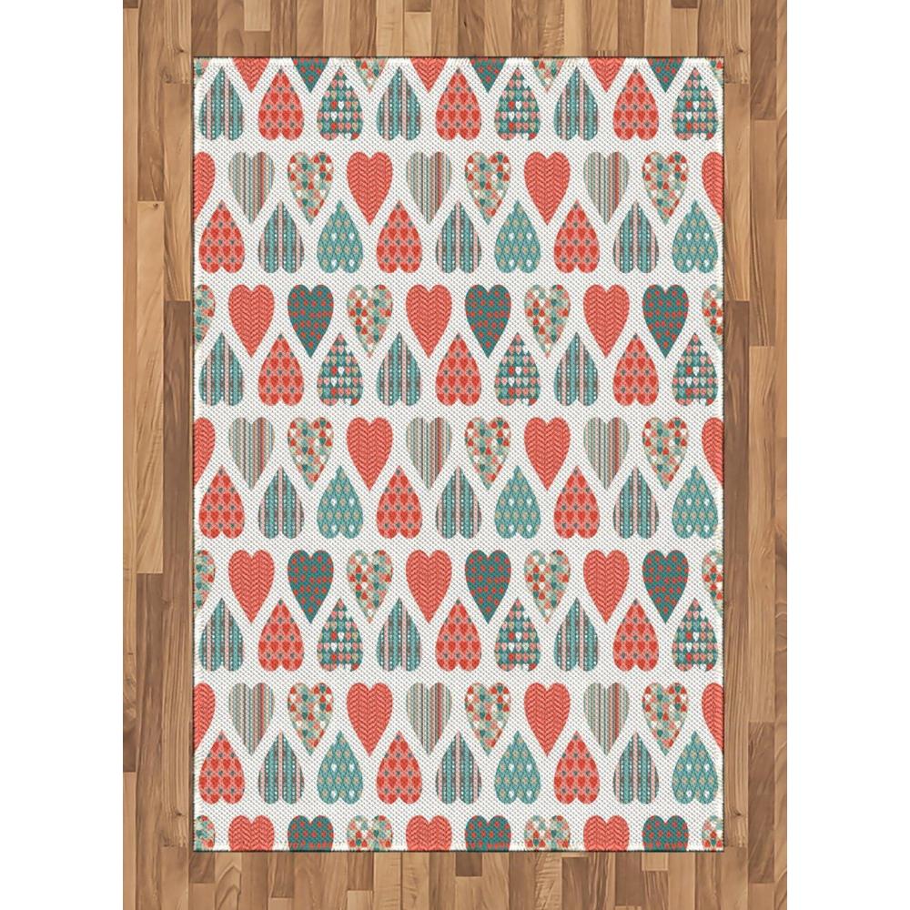 imageAmbesonne Valentines Area Rug Retro Style up and Down Hearts with Stripes Waves and Checkered Patterns Flat Woven Accent Rug for Living Room Bedroom Dining Room 4 X 5 7 Teal Coral White