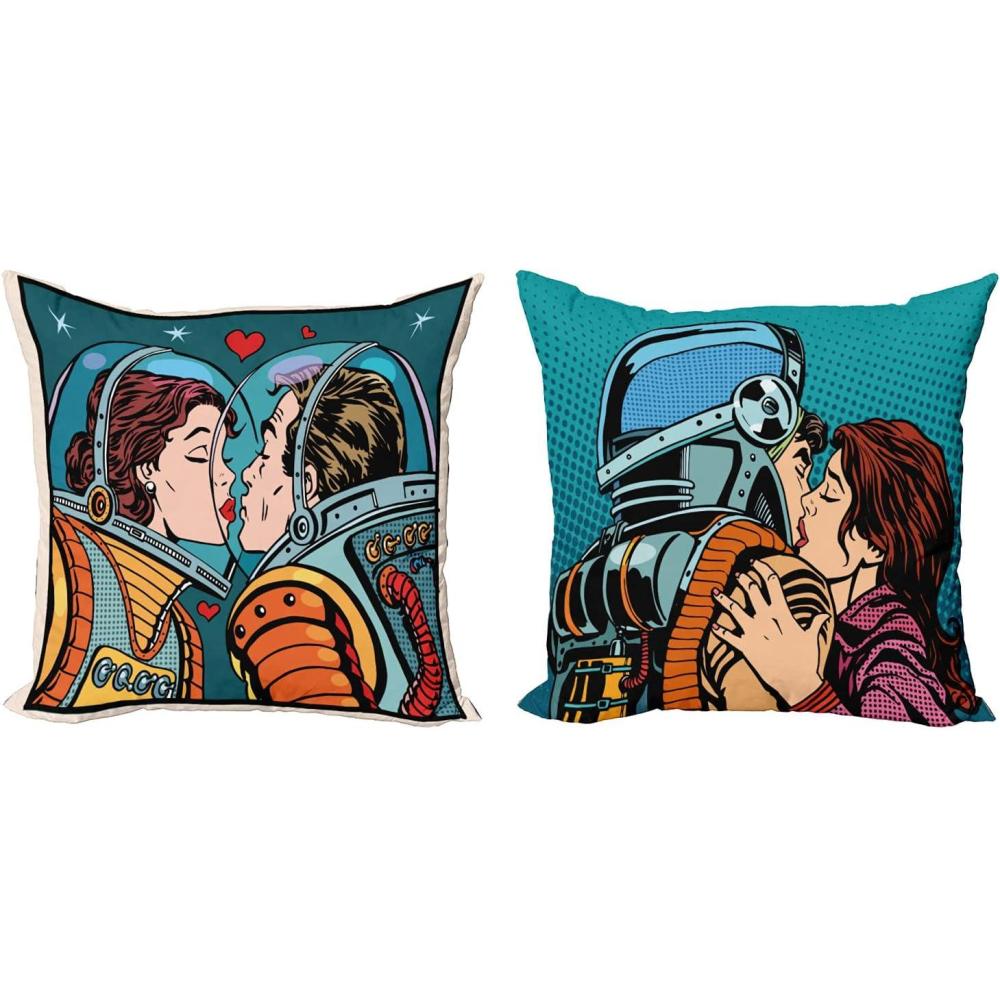 imageAmbesonne Valentines Day Decorative Throw Pillow Case Pack of 2 Pop Art Comic Astro Lovers Retro Astronaut Couple Romance Print Couch Bedroom Living Room Cushion Cover 18 Teal and Multicolor
