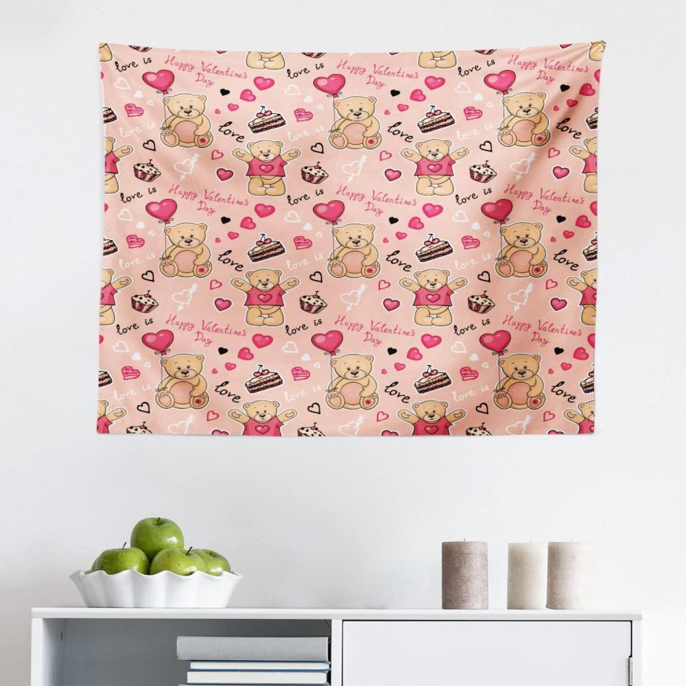 imageAmbesonne Valentines Tapestry Teddy Bears Celebrating Your Happy Valentines Day Cakes Balloons Fabric Wall Hanging Decor for Bedroom Living Room Dorm 28 X 23 Coral Brown PeachCoral Brown Peach