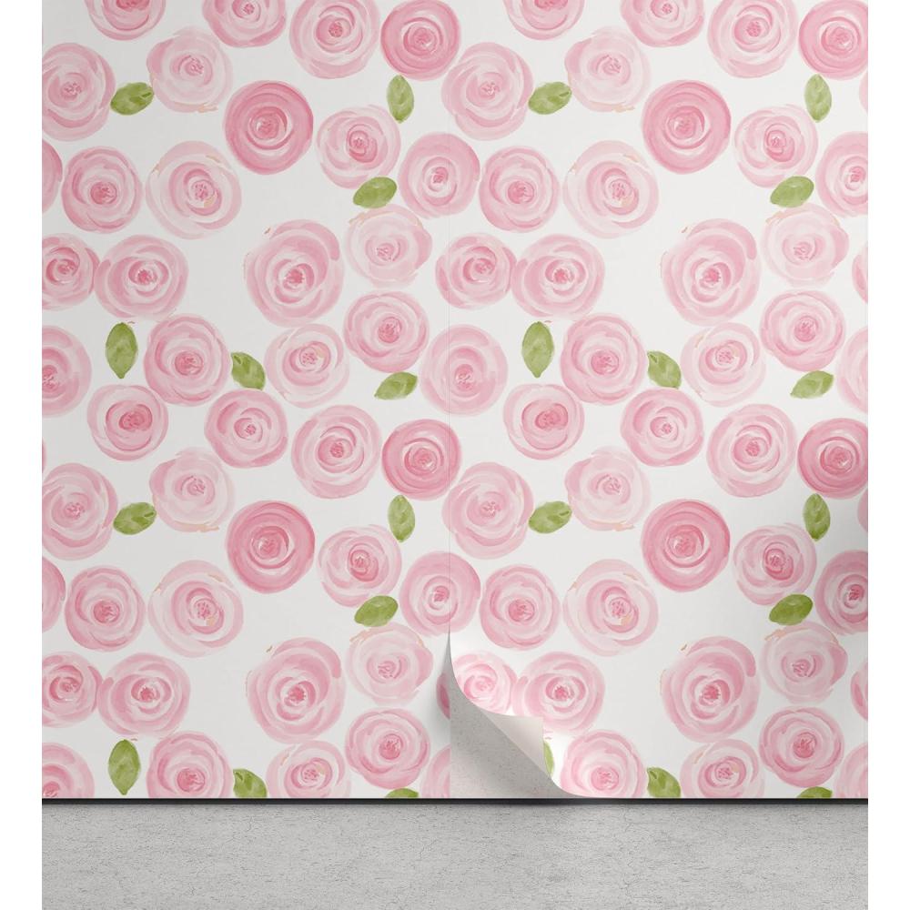 imageAmbesonne Watercolor Flowers Peel amp Stick Wallpaper for Home Romantic Rose Flowers Field Bouquet Bridal Valentines Theme SelfAdhesive Living Room Kitchen Accent 13 x 100 Pale Pink Pale Green