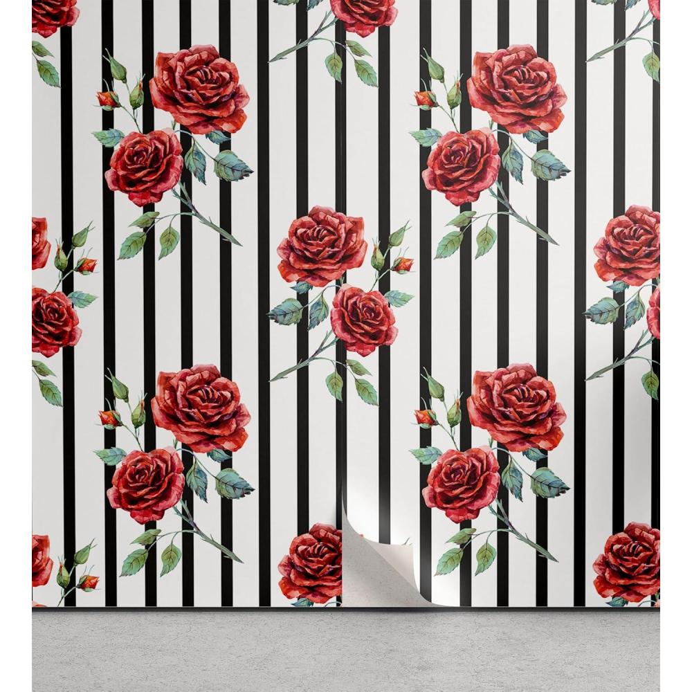 imageAmbesonne Watercolor Peel amp Stick Wallpaper for Home Rose Pattern with Vertical Stripes Pattern Romantic Valentines Day SelfAdhesive Living Room Kitchen Accent 13 x 72 Ruby Reseda Green Black