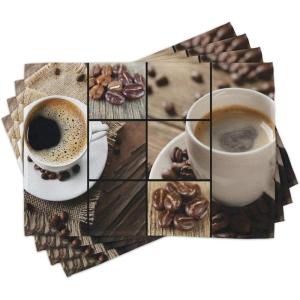 Ambesonne Brown Place Mats Set of 4, Coffee Themed Collage Close up Mugs Beans on Wooden Table Aromatic Roasted Espresso Drink, Washable Fabric Placemats for Dining Table, Standard Size, Brown Coffee