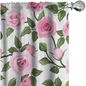 Ambesonne Floral Curtains, Valentine’s Day Concept Art Pastel Repetitive Roses Pattern Plot, Window Treatments 2 Panel Set for Living Room Bedroom, Pair of – 28″ x 84″, Dark Pink Blush and White(Pastel Pink Olive Green)