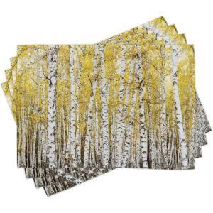 Ambesonne Forest Place Mats Set of 4, Autumn Birch Forest Golden Yellow Leaves Woodland October Seasonal Nature Picture, Washable Fabric Placemats for Dining Table, Standard Size, Yellow and Grey
