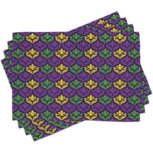 Ambesonne Mardi Gras Place Mats Set of 4, Antique Old Fashioned Motifs in Mardi Gras Holiday Colors Tile Pattern, Washable Fabric Placemats for Dining Table, Standard Size, Purple