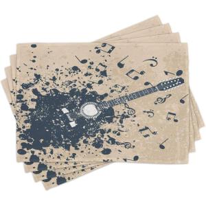 Ambesonne Modern Place Mats Set of 4, Acoustic Guitar on Retro Murky Background Music Notes Melody Illustration, Washable Fabric Placemats for Dining Table, Standard Size, Beige Blue