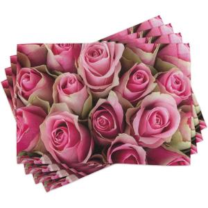 Ambesonne Rose Place Mats Set of 4, Blooming Fresh Pink Roses Bridal Bouquet Romance Sweetheart Valentine, Washable Fabric Placemats for Dining Room Kitchen Table Decor, Pink Pale Green
