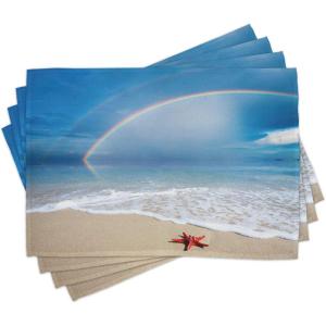 Ambesonne Starfish Place Mats Set of 4, Rainbow Over The Sea Clouds and Clear Sky Foamy Ocean Waves on The Sandy Beach, Washable Fabric Placemats for Dining Table, Standard Size, Blue Tan