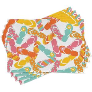 Ambesonne Summer Place Mats Set of 4, Colorful Bunch Flip Flops Sandals Pattern Relax Holiday Sunbath Theme Groovy Graphic, Washable Fabric Placemats for Dining Table, Standard Size, Yellow Pink
