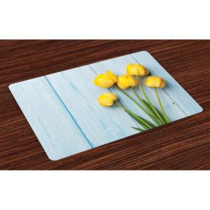 Ambesonne Tulip Place Mats Set of 4, Yellow Flowers on Old Wooden Rustic Background Valentines Romantic Theme, Washable Fabric Placemats for Dining Table, Standard Size, Blue Yellow