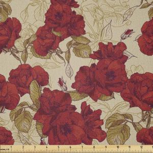 Ambesonne Vintage Fabric by The Yard, Romantic Red Rose Blooms with Sketches Classical Valentines Day Inspired, Stretch Knit Fabric for Clothing Sewing and Arts Crafts, 1 Yard, Red Khaki Sand Brown(Red Khaki Sand Brown)