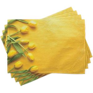 Ambesonne Yellow Place Mats Set of 4, Danish Dutch Tulips on Colored Wall Garden Floral Love Lily Herbs Print, Washable Fabric Placemats for Dining Table, Standard Size, Yellow Green