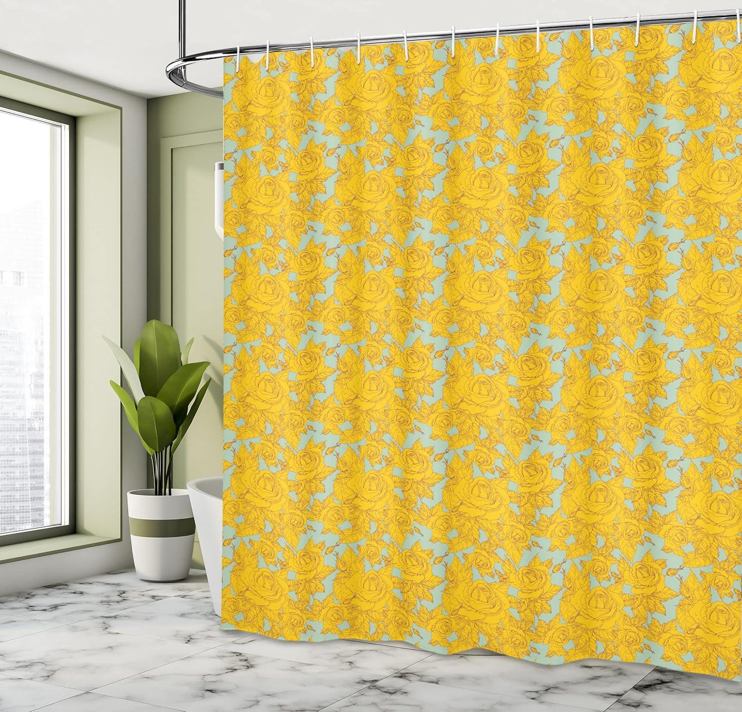 imageAmbesonne Botanical Shower Curtain Sketch Style Romantic Spring Bouquet Warm Colored Garden Illustration Cloth Fabric Bathroom Decor Set with Hooks 69 W x 84 L Mustard Mint Green