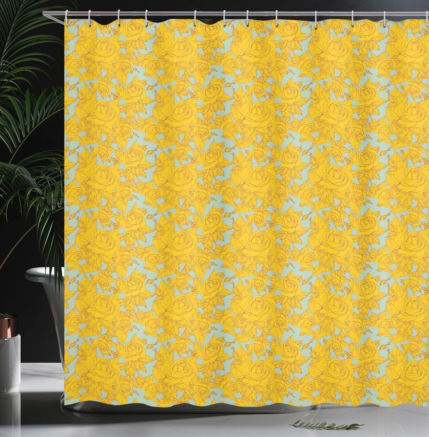 imageAmbesonne Botanical Shower Curtain Sketch Style Romantic Spring Bouquet Warm Colored Garden Illustration Cloth Fabric Bathroom Decor Set with Hooks 69 W x 84 L Mustard Mint Green