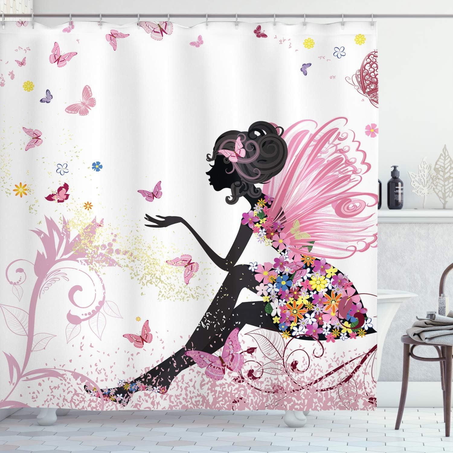 imageAmbesonne Colorful Shower Curtain Retro Design Groovy Valentines Day Hearts Pattern on Plain Back 90s Feeling Cloth Fabric Bathroom Decor Set with Hooks 69 W x 75 L White MulticolorPink White