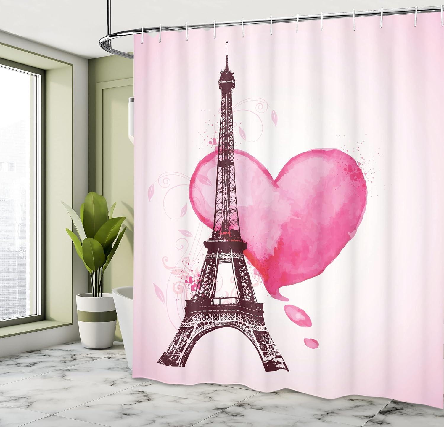 imageAmbesonne Eiffel Tower Shower Curtain Eiffel Romantic Valentine Love Watercolor Theme Heart Leaf Silhouette Print Cloth Fabric Bathroom Decor Set with Hooks 69 W x 84 L Fuchsia Brown